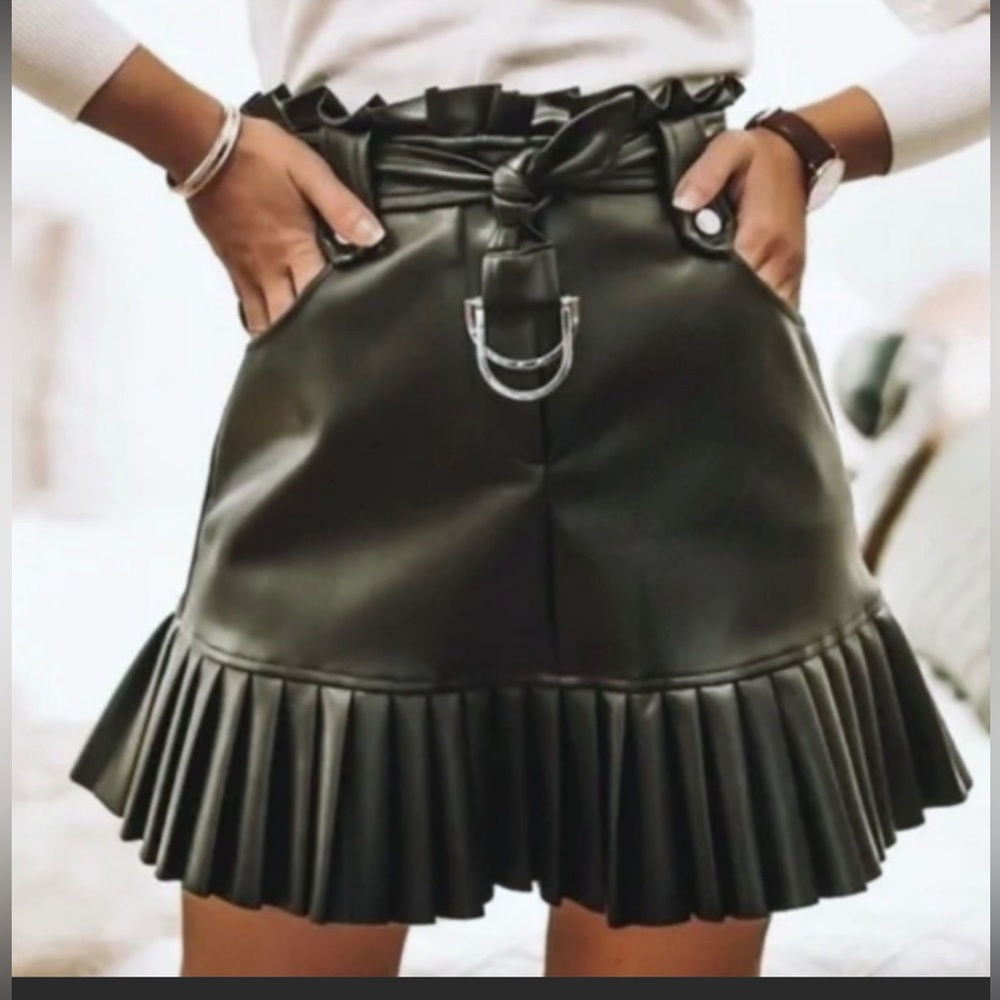 Zara Pleated Hem Belted Faux Leather Mini Skirt